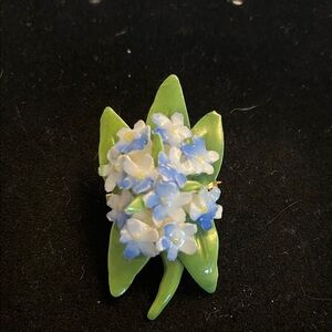 Floral Brooch with Green Leaves and Blue Flowers